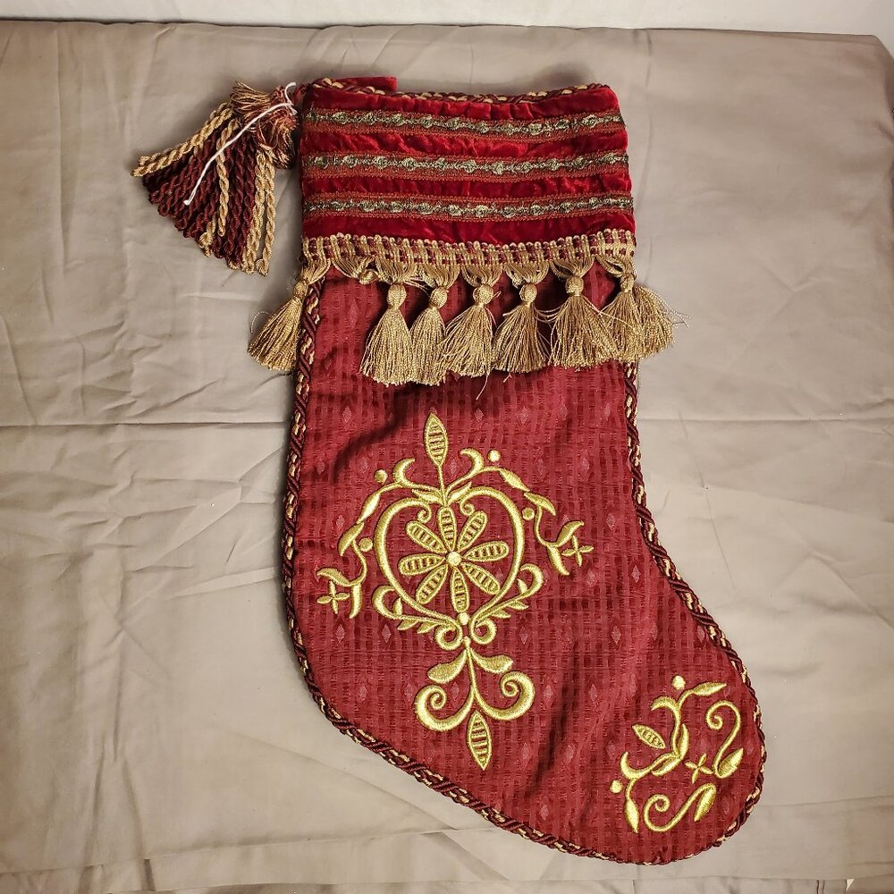 Beautiful Christmas Maroon Red Gold Fringe Embroidered Intricate Large Stocking
